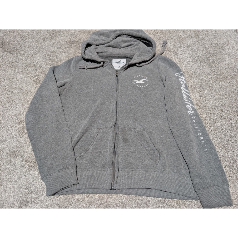 Hollister Hoodie Womens Small Gray Full Zip Logo Graphic Sweatshirt Casual Y2K